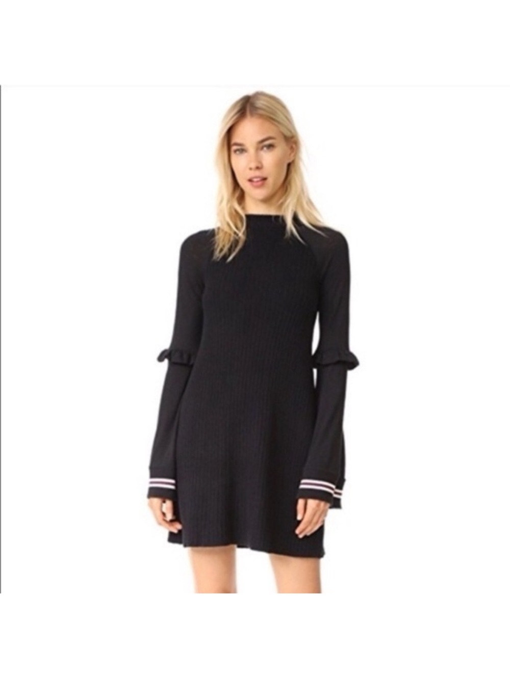 Free People Zou Bisou Black Ribbed Knit Bell Sleeve Sweater Dress